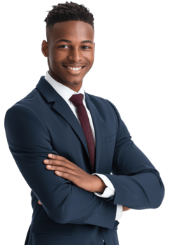 A young black businessman happy in a suit and tie with arms crossed png