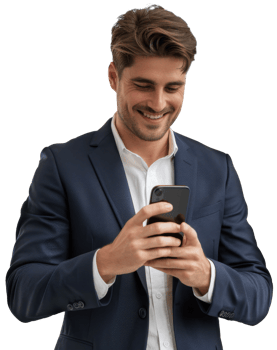 A man in a suit is smiling while using his phone png
