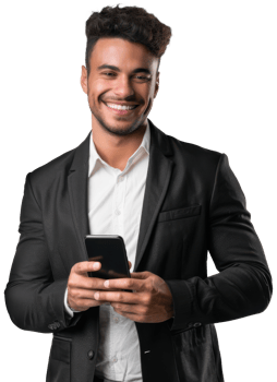 A man in a suit holding a cell phone png
