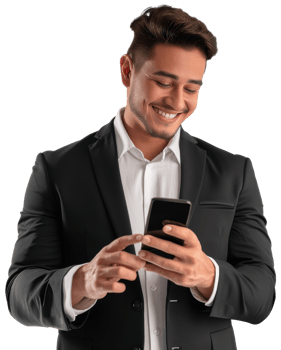 A man in a suit is smiling and holding his phone png