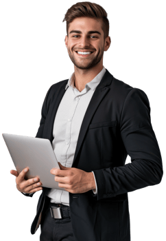 A smiling man in a suit holding a laptop png