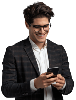 A man in glasses and a suit is smiling while using his phone png