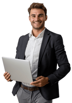 A man in a suit holding a laptop png