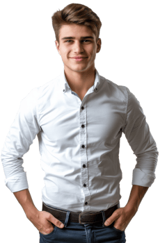 A young man in a white shirt and jeans png