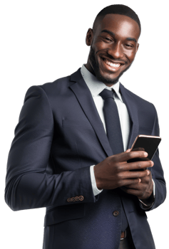 Smiling young black businessman in a suit holding a cell phone png