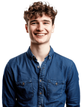 Happy young man with curly hair and a blue shirt png