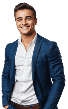 Happy young businessman in a blue suit standing posing png