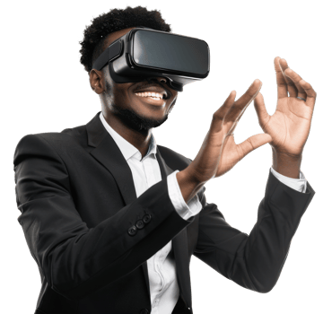A man in a suit is wearing a virtual reality headset png