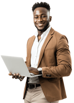 A smiling black man in a suit holding a laptop png