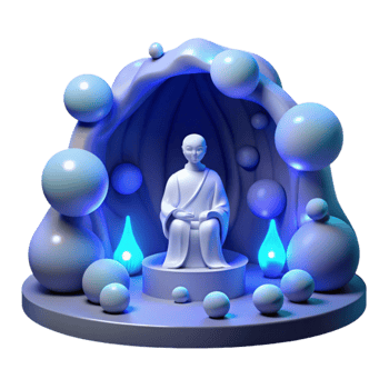 dramatic abstract magnificent minimalist A serene oracle meditating in a hidden grotto surrounded by glowing orbs, soft blue light, Syd Mead style original detailed png