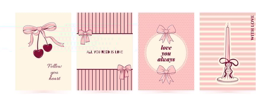 Set coquette card with hand drawn doodle elements. Trendy girly design with pink bowknot, candle, cherries for Valentines day, love theme holiday, party. illustration vector