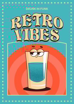 Groovy character cocktail. Retro poster, flyer with alcoholic or nonalcoholic drink glass. Vintage illustration 70s, 80s style for cafe, bar, lounge vector