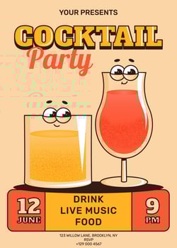 Groovy character cocktails. Retro summer party invitation poster, flyer with alcoholic or nonalcoholic drinks. Vintage illustration for cafe, bar, pub vector