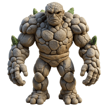 stunning abstract elegant vintage A colossal golem made of interwoven tree roots and stone, dappled sunlight, hyperrealistic style genuine high quality png