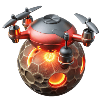 stunning vintage extraordinary vintage A lone, hovering drone, its metallic surface reflecting the fiery eruption of a volcano on a distant moon, illuminated by the red glow of the lava.... png