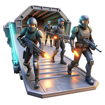 vibrant minimalist wonderful modern A group of space pirates, armed with laser pistols and energy blades, board a derelict spaceship, illuminated by the flickering emergency lights.... png