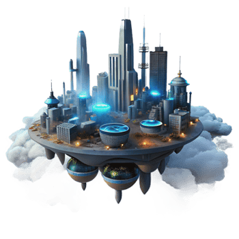 stunning contemporary dramatic artistic A futuristic city built on a series of interconnected platforms floats above a toxic cloud layer, illuminated by the artificial lights of the city.... png