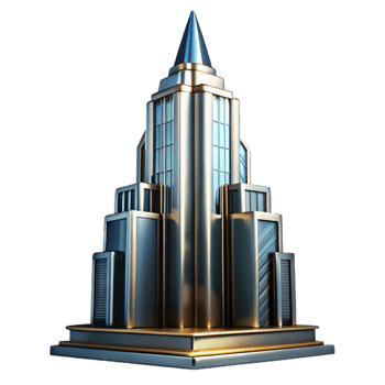 magnificent vintage dramatic contemporary Art Deco skyscraper, chrome and glass, sharp edges, volumetric lighting, high contrast, stylized, detailed exclusive png