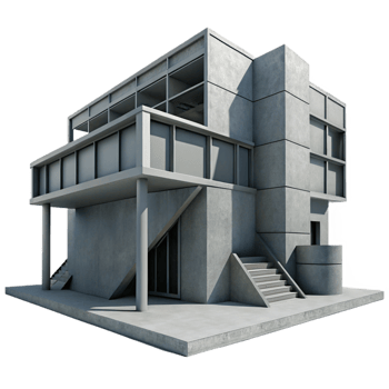 impressive contemporary serene creative Brutalism architecture, concrete and steel, harsh shadows, monochrome, photorealistic, genuine authentic png