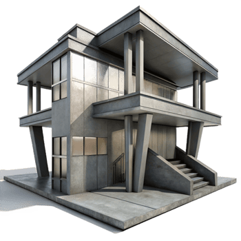 dramatic traditional magnificent rustic Brutalism architecture, concrete and steel, harsh shadows, monochrome, photorealistic, high quality professional png