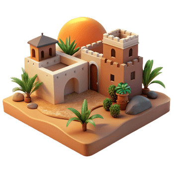 elegant artistic stunning abstract A desert oasis with traditional mud-brick buildings, warm sunset light, peaceful, painting, premium professional png