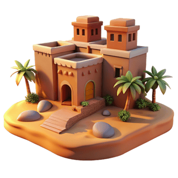 vibrant contemporary extraordinary creative A desert oasis with traditional mud-brick buildings, warm sunset light, peaceful, painting, premium 4K png