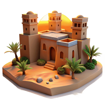 wonderful artistic elegant modern A desert oasis with traditional mud-brick buildings, warm sunset light, peaceful, painting, high quality detailed png