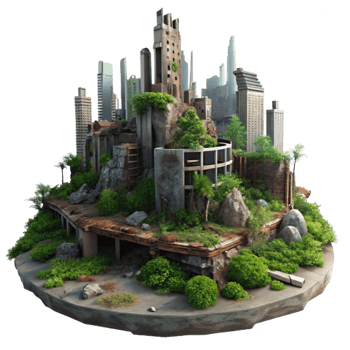 extraordinary contemporary beautiful artistic A post-apocalyptic city in ruins, overgrown with vegetation, dim overcast light, dystopian, matte painting, authentic professional png