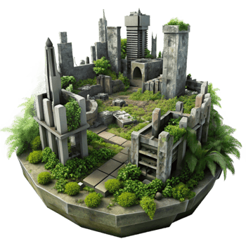 stunning creative stunning modern A post-apocalyptic city in ruins, overgrown with vegetation, dim overcast light, dystopian, matte painting, professional premium png