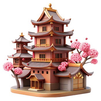 wonderful modern wonderful classic A traditional Japanese castle, intricate wooden details, cherry blossoms, serene, digital art, genuine authentic png