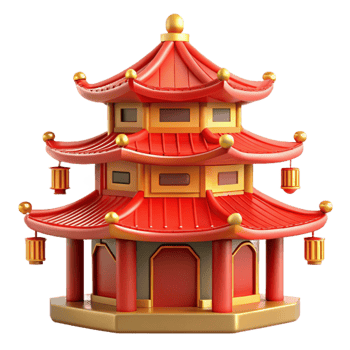 magnificent classic wonderful vintage A traditional Chinese pagoda, vibrant red and gold details, serene landscape, digital art, high resolution original png
