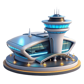 elegant traditional stunning traditional A futuristic airport with sleek, aerodynamic design, bright interior lighting, sci-fi, architectural rendering, 4K professional png