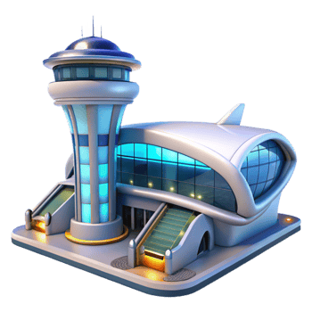 beautiful artistic dramatic modern A futuristic airport with sleek, aerodynamic design, bright interior lighting, sci-fi, architectural rendering, premium 4K png