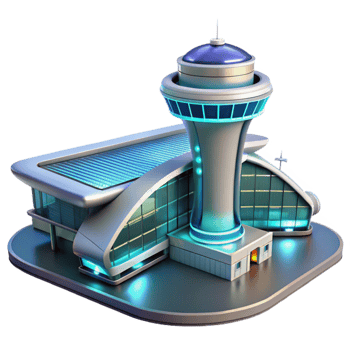 elegant abstract magnificent classic A futuristic airport with sleek, aerodynamic design, bright interior lighting, sci-fi, architectural rendering, original premium png
