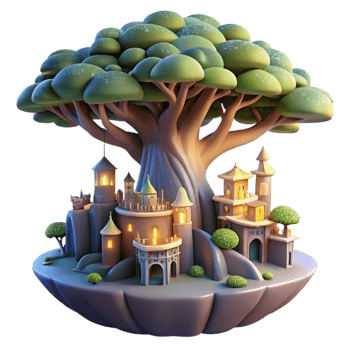 vibrant contemporary vibrant modern A giant tree with a city built into its branches, fantasy lighting, whimsical, digital art, high quality detailed png