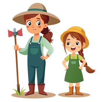 Charming Woman Farmer and Adorable Little Girl in Overalls on a Sunny Farm vector