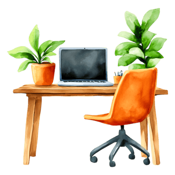 Modern Workspace with Laptop, Plants, and Stylish Chair Design png