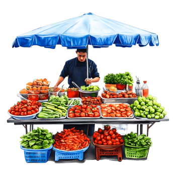 Fresh Produce Vendor at Outdoor Market Stand with Colorful Vegetables png