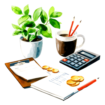 Workspace with Plant, Coffee, Calculator, and Business Documents png