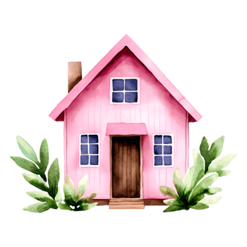 Charming Pink House with Green Foliage in Watercolor Style png