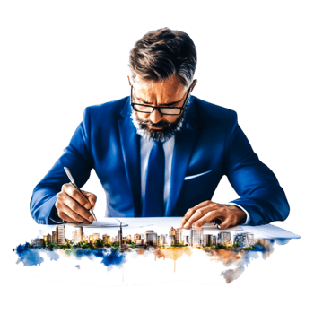 Businessman in Suit Holding Pen While Creating Urban Design Concept png