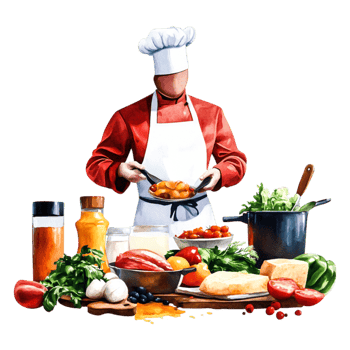 Chef in Red Uniform Preparing Fresh Ingredients for Cooking png