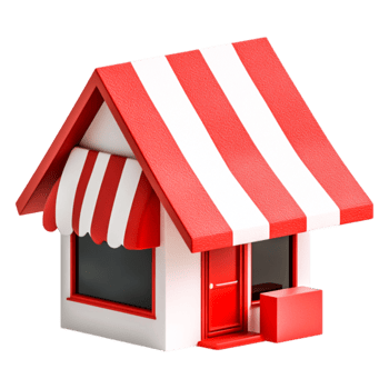 Playful Cartoon Style House with Red and White Striped Awning png