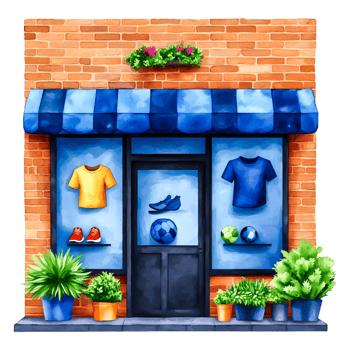 Colorful Sports Shop Front with Clothes and Sports Equipment Display png