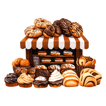 Assorted Pastries and Baked Goods at a Cozy Bakery Stall png