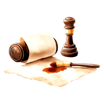 Wooden Gavel on Scroll with Ink Blot and Quill Pen on Table png