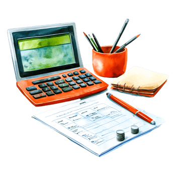 Calculator, stationery, and financial documents on an office desk png