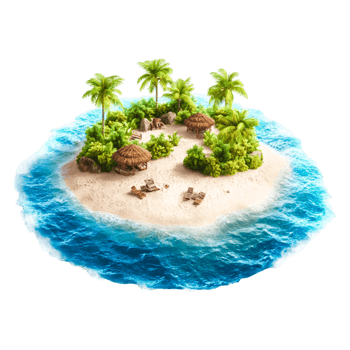 Tropical Island Paradise with Palm Trees and Beach Huts in Clear Water png