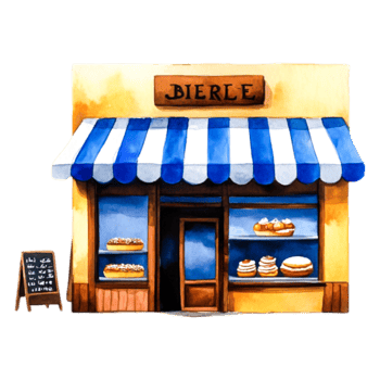 Charming Bakery Storefront with Blue Striped Awning and Pastries png