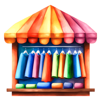 Colorful Textile Stall with Hanging Fabrics and Vibrant Canopy png